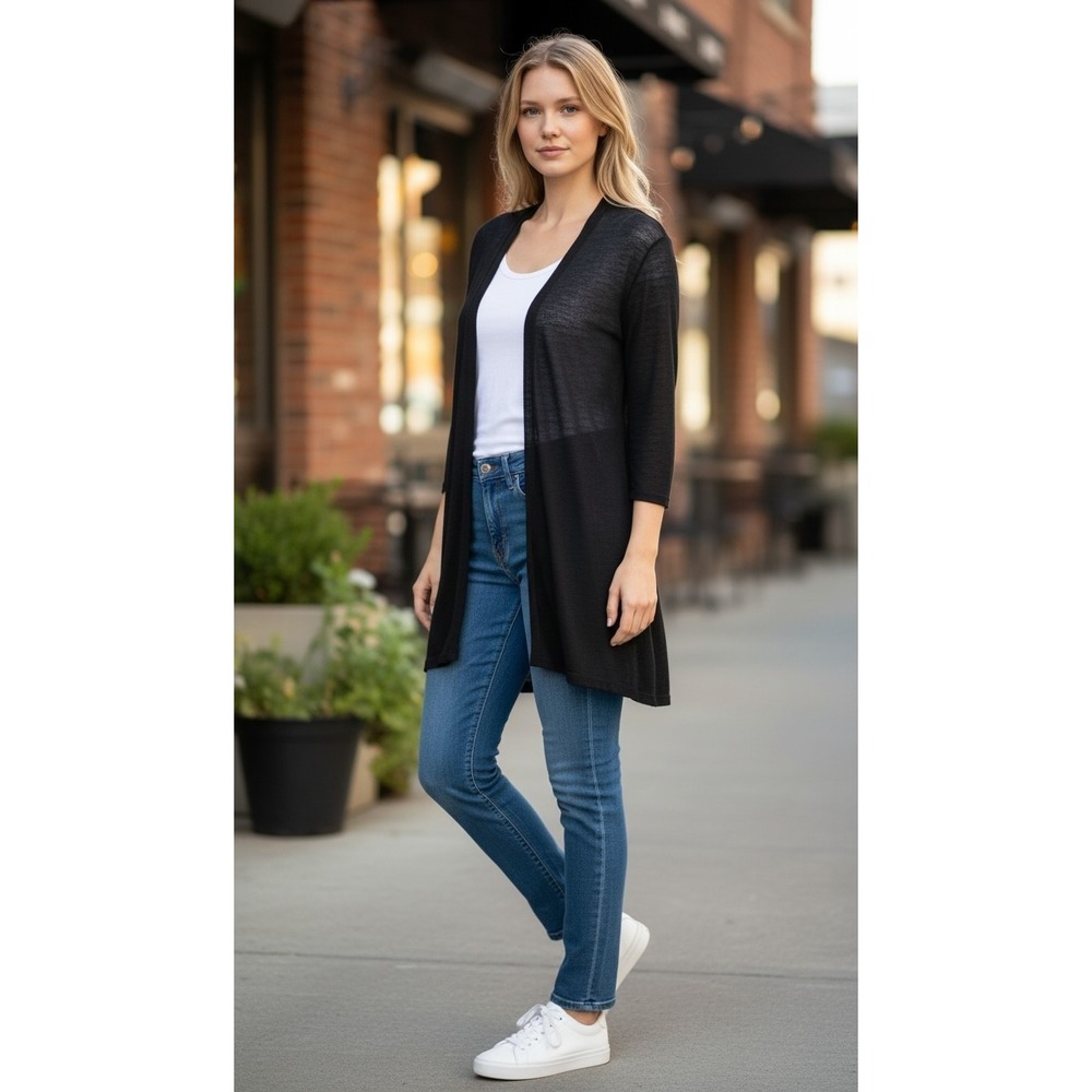 Eileen Fisher Black 100%Organic Cotton Lightweight Cardigan Medium # 975